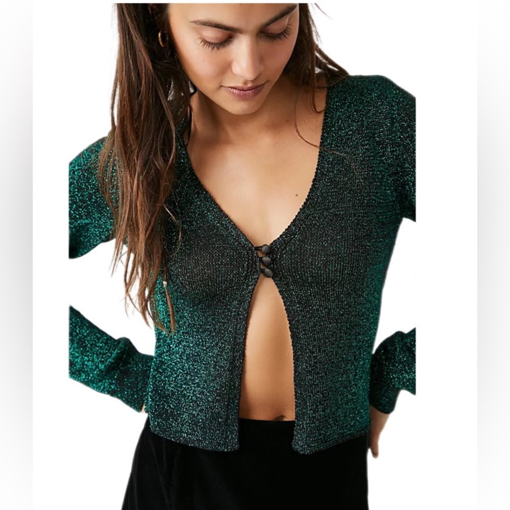 FREE PEOPLE Emmaline Metallic Green Cardigan Long‎ Sleeve Goth Dark Romantic XS